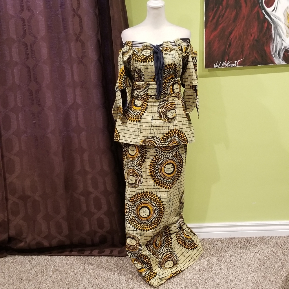 3 Piece Off The Shoulder African Print Skirt Set With Waist Band/Head Wr…